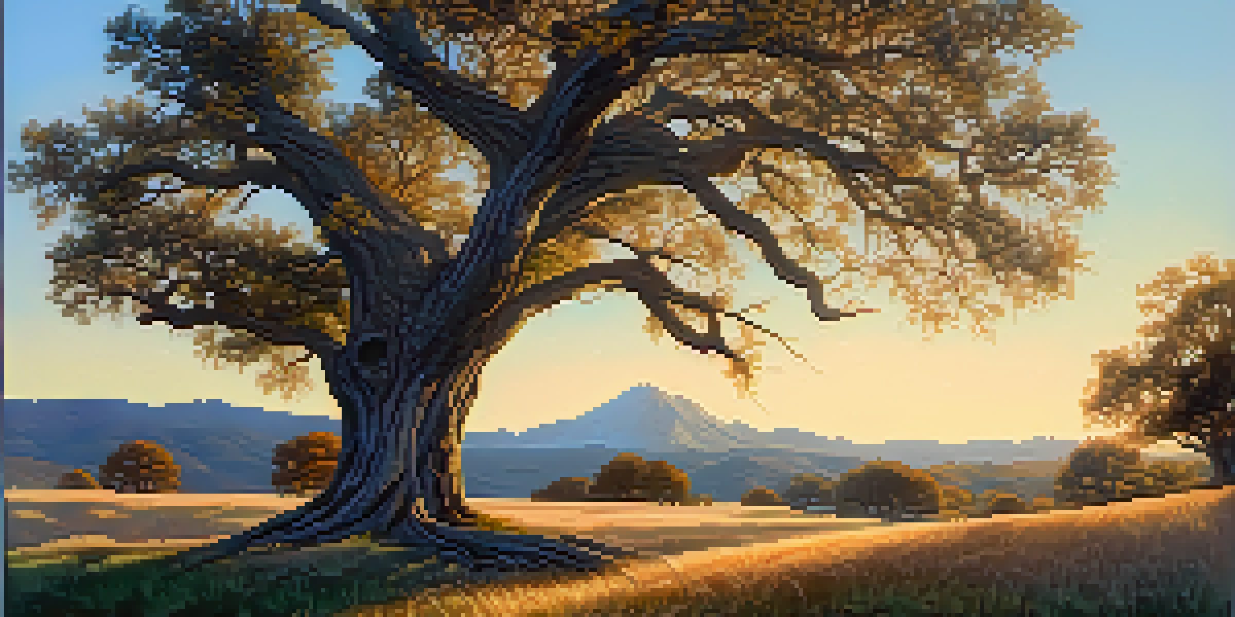 A peaceful landscape with a large oak tree in the foreground and distant mountains under a blue sky, illuminated by golden hour light.