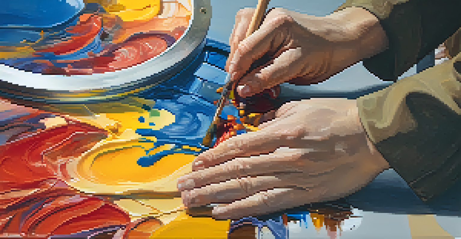 Close-up of hands mixing vibrant paint colors on a palette with an abstract painting in the background.