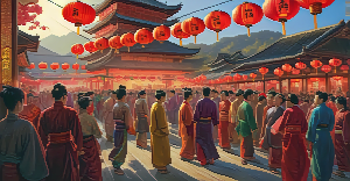 A lively traditional Asian festival with people in colorful attire celebrating under red lanterns, illuminated by a warm sunset.