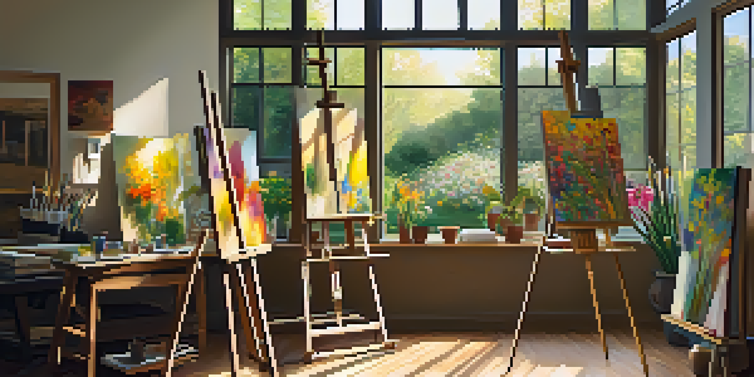 An artist's studio with an easel, colorful abstract paintings on the walls, and a sunny window overlooking a garden.