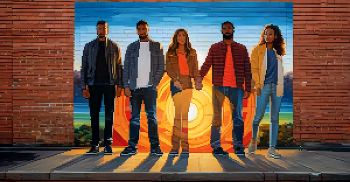A colorful mural showing diverse people holding hands in unity against a sunset backdrop, symbolizing hope and resilience.