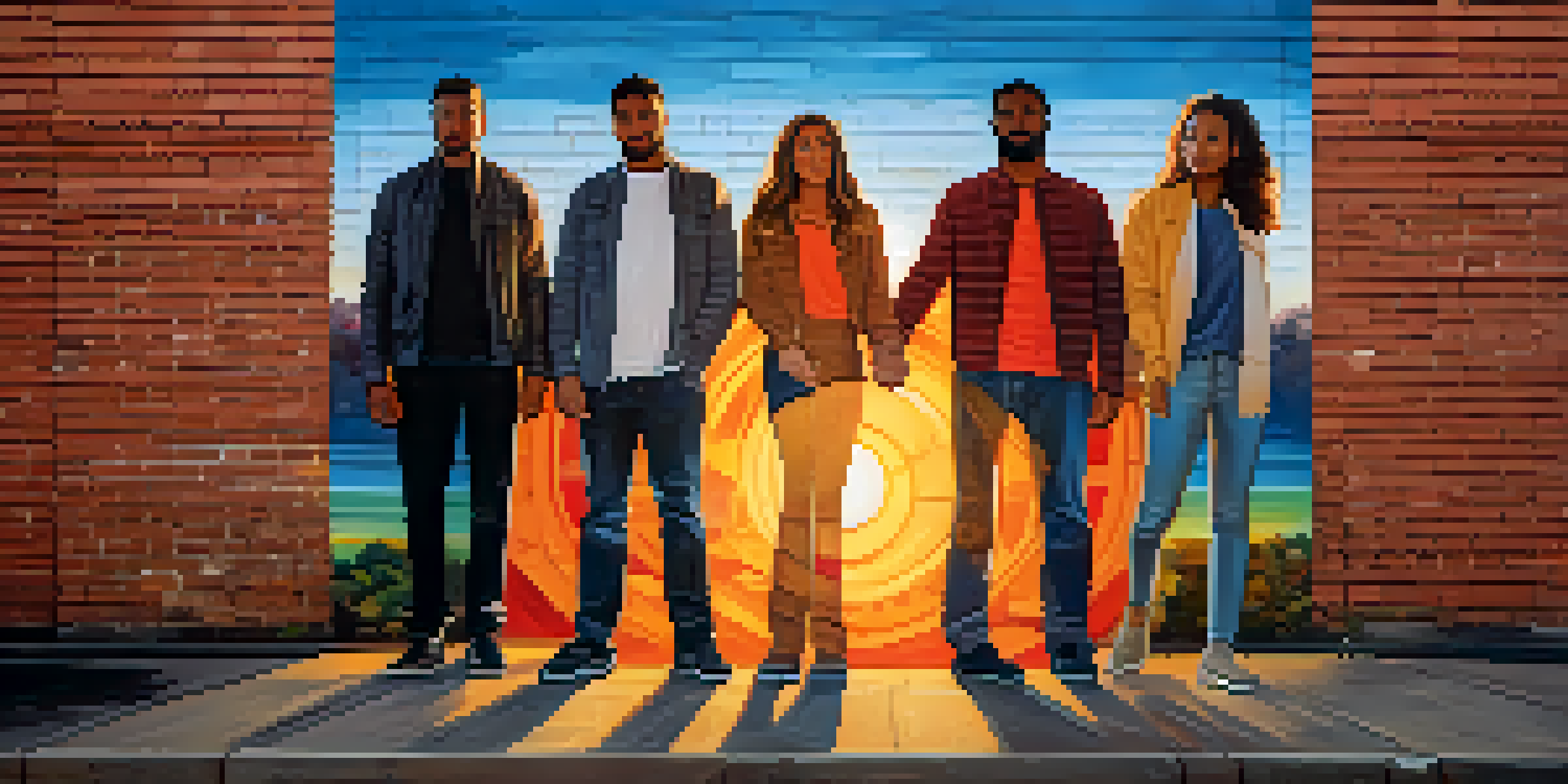 A colorful mural showing diverse people holding hands in unity against a sunset backdrop, symbolizing hope and resilience.