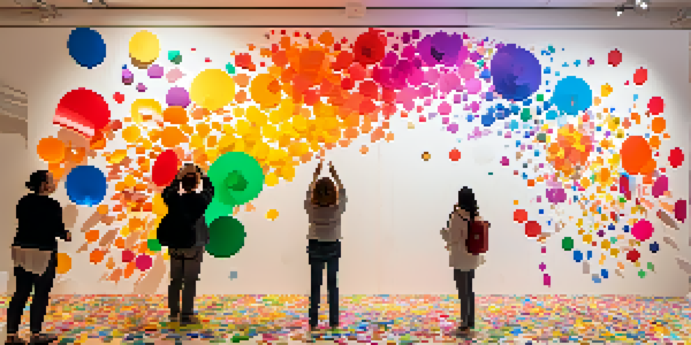 A group of people adding colorful stickers to a large white wall in an interactive art installation, surrounded by warm lighting.