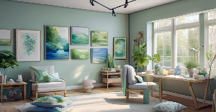 A calming art therapy studio with natural light, art supplies, and a comfortable seating area, inviting creativity and healing.