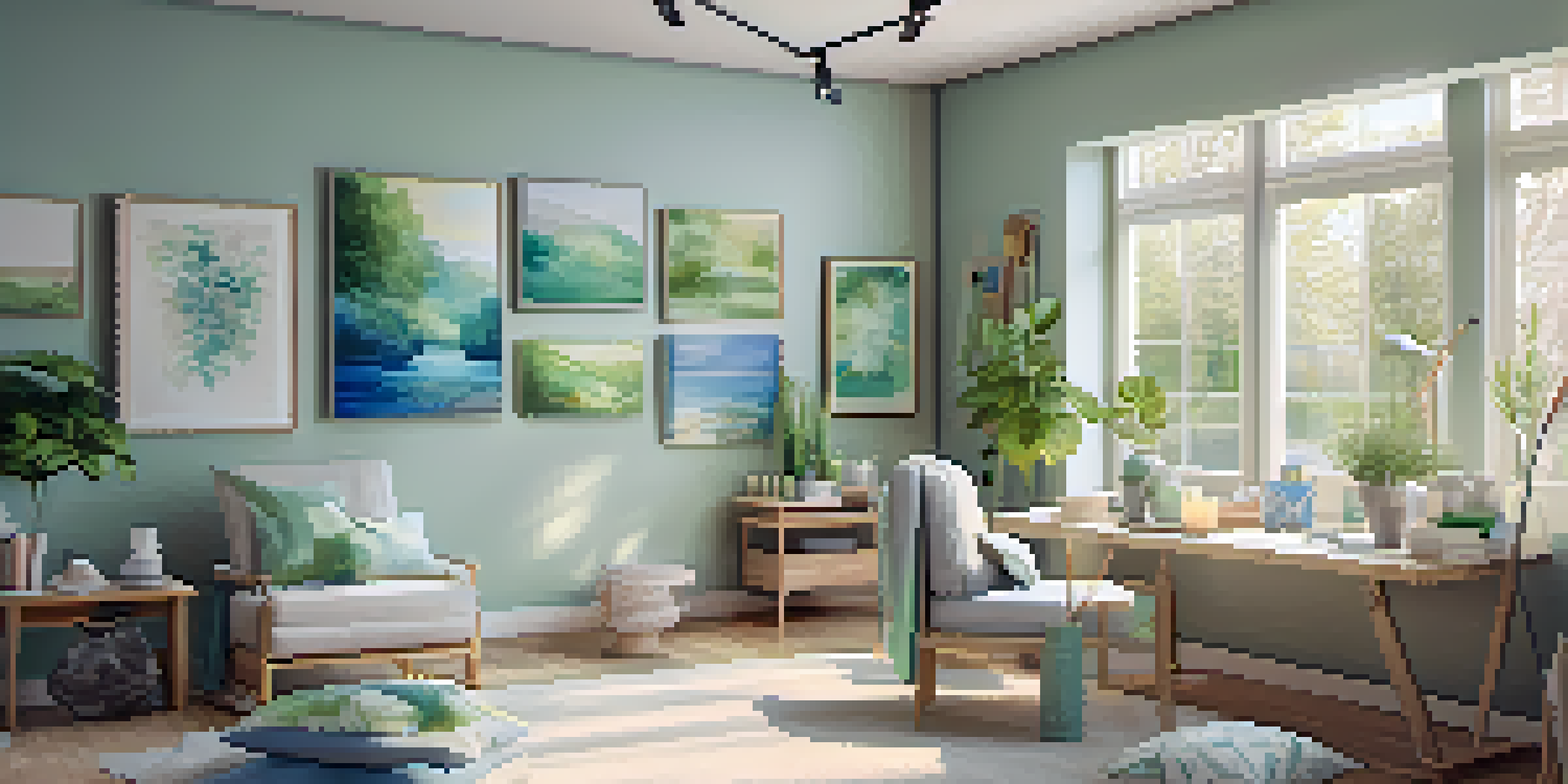 A calming art therapy studio with natural light, art supplies, and a comfortable seating area, inviting creativity and healing.