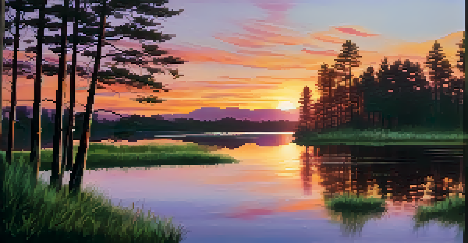 A sunset over a peaceful forest with colorful sky reflections in a calm lake.