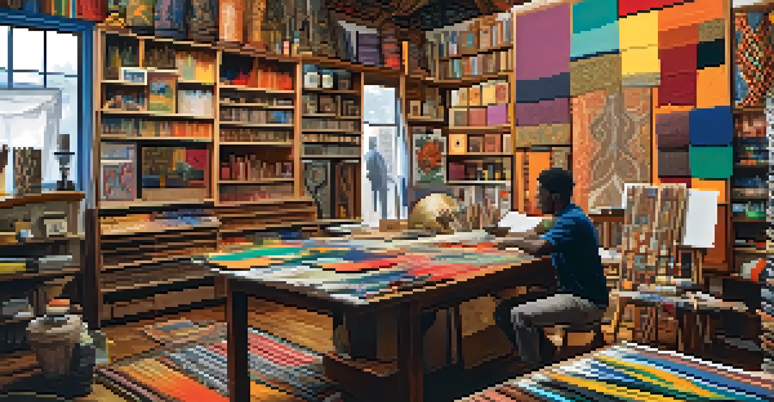 An artist's studio showcasing vibrant textiles and an artist painting with respect for African culture.