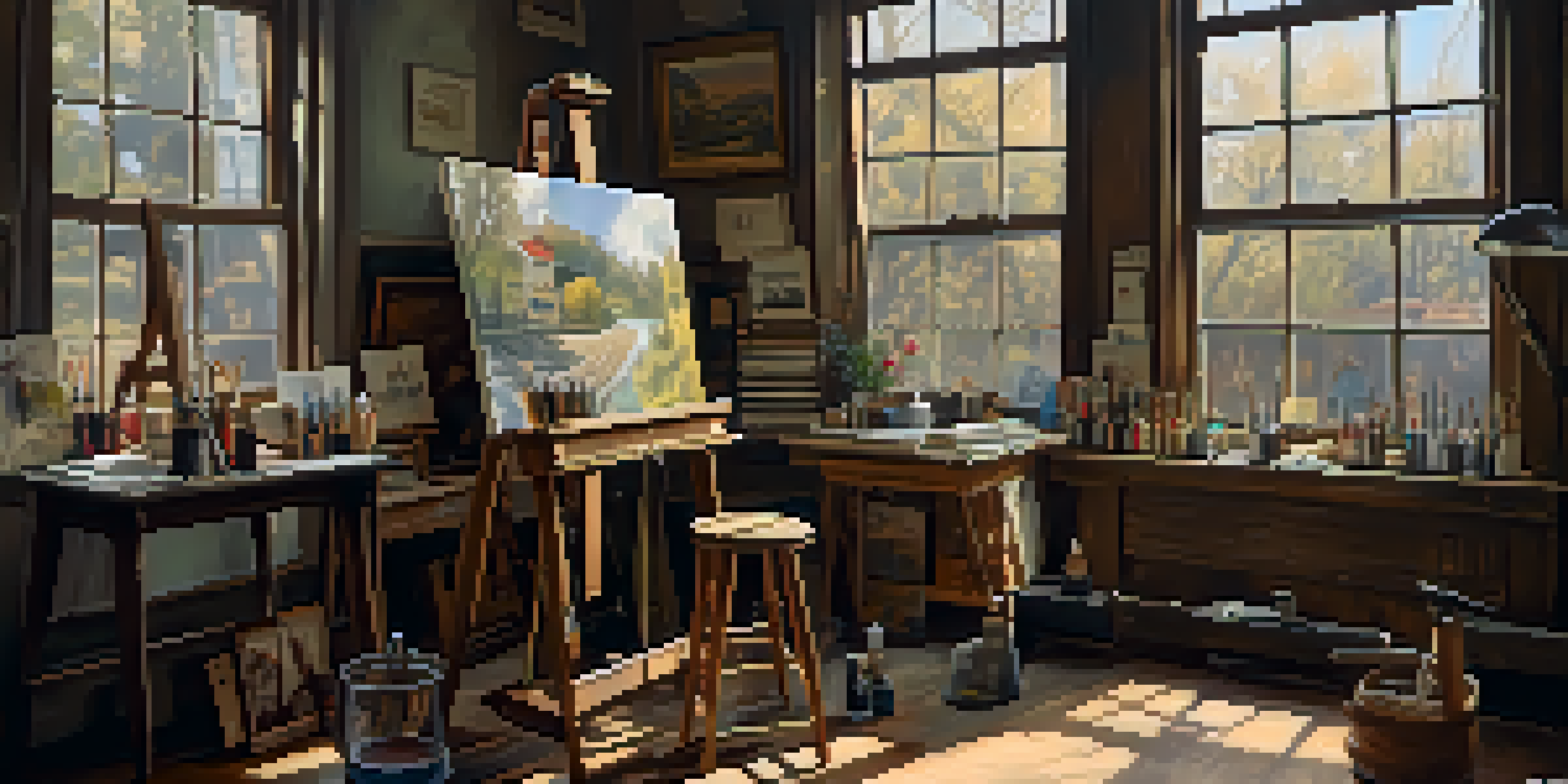 An artist's studio from the 1920s with an easel, paint tubes, and artworks on the walls, illuminated by natural light.