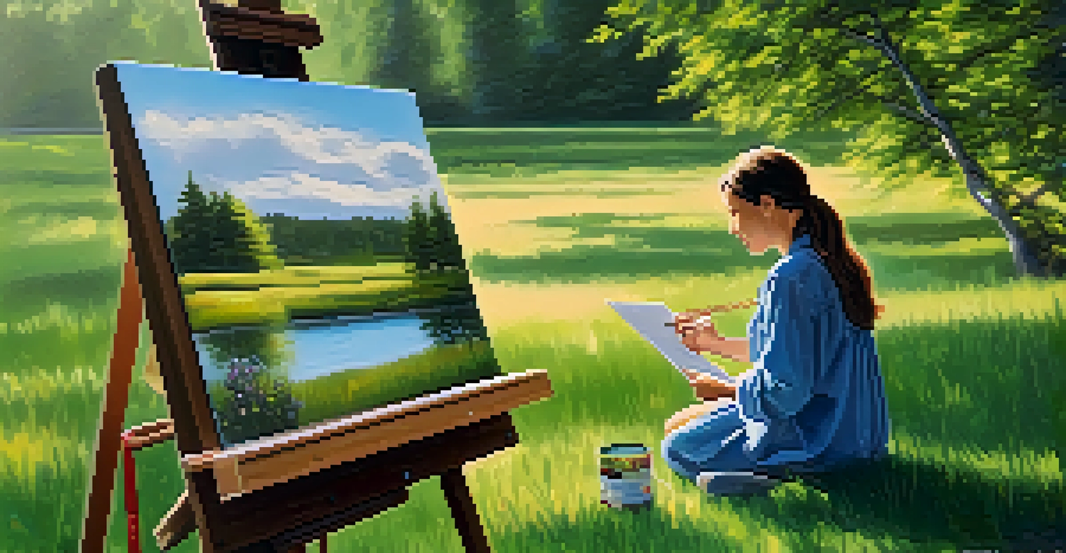 An artist outdoors, painting a colorful mixed media artwork on an easel with natural scenery in the background.