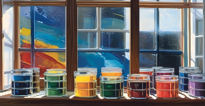 A collection of colorful paint binders in glass containers on a painter's palette, with paintbrushes and splashes of paint in the background.