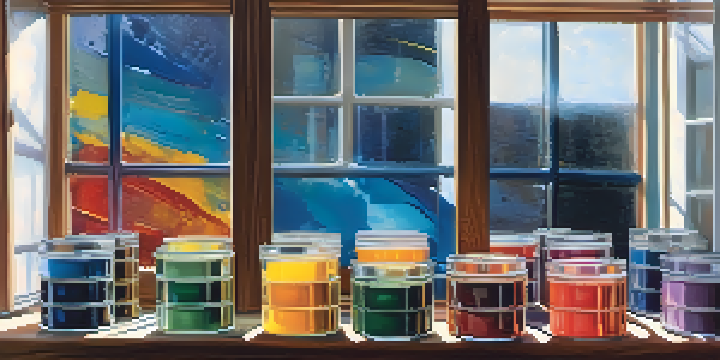 A collection of colorful paint binders in glass containers on a painter's palette, with paintbrushes and splashes of paint in the background.
