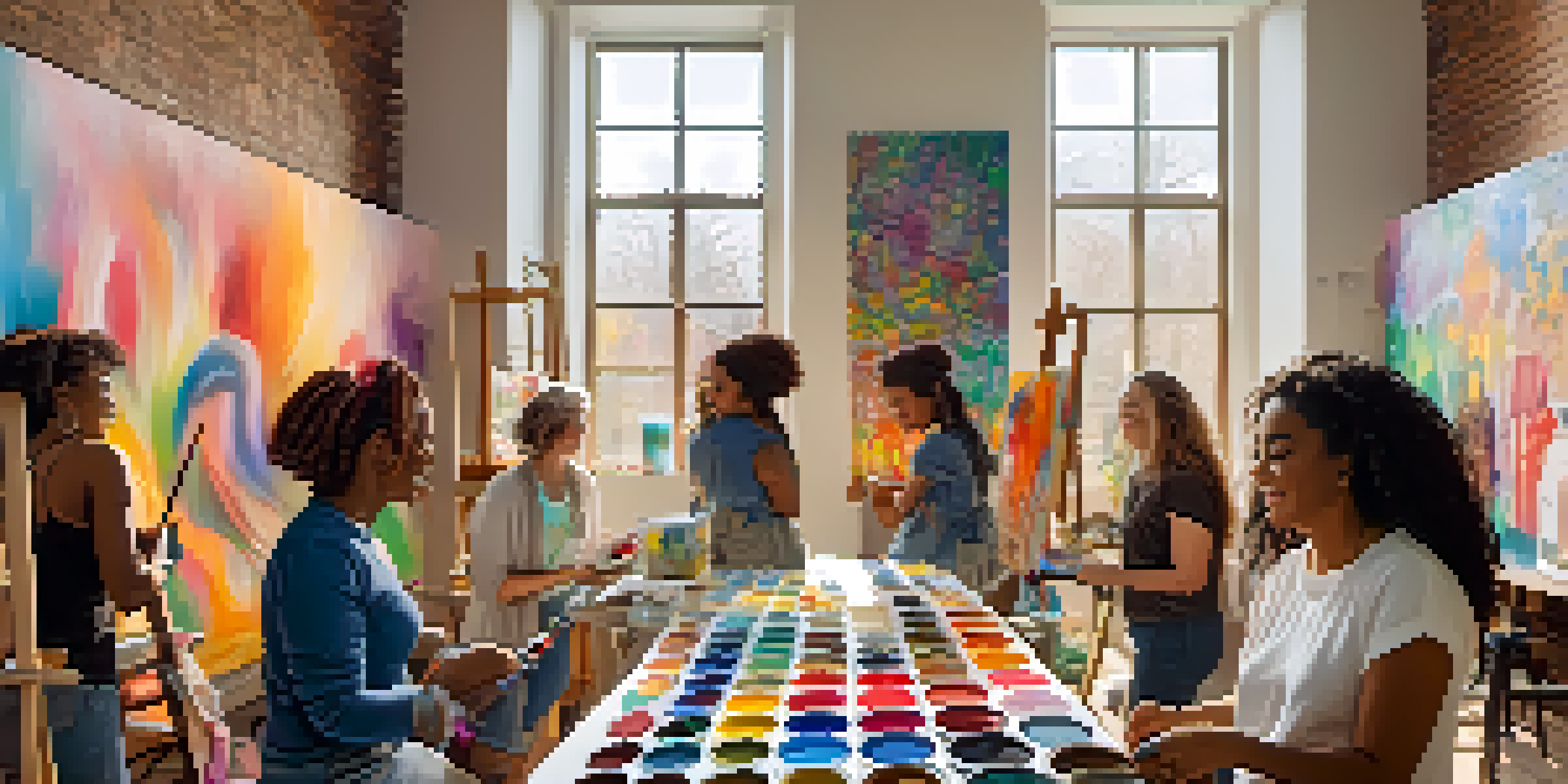 A lively art studio where women artists collaborate on a mural, surrounded by colorful paints and brushes, with sunlight streaming through windows.