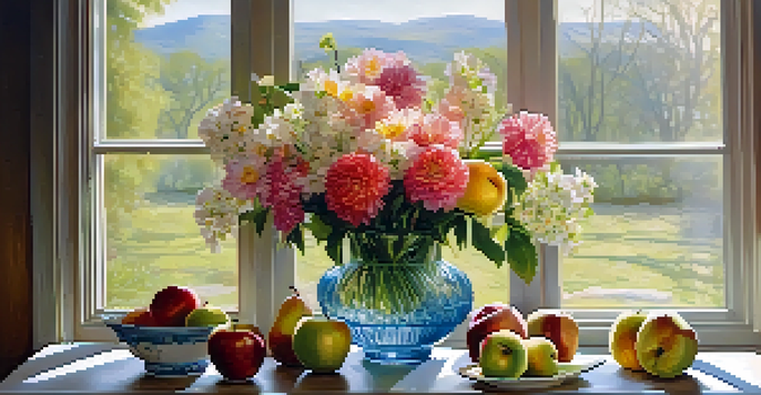 A still life scene with a vintage wooden table, a vibrant bouquet of fresh flowers in a glass vase, a bowl of ripe fruits, and a delicate teacup, illuminated by soft natural light.