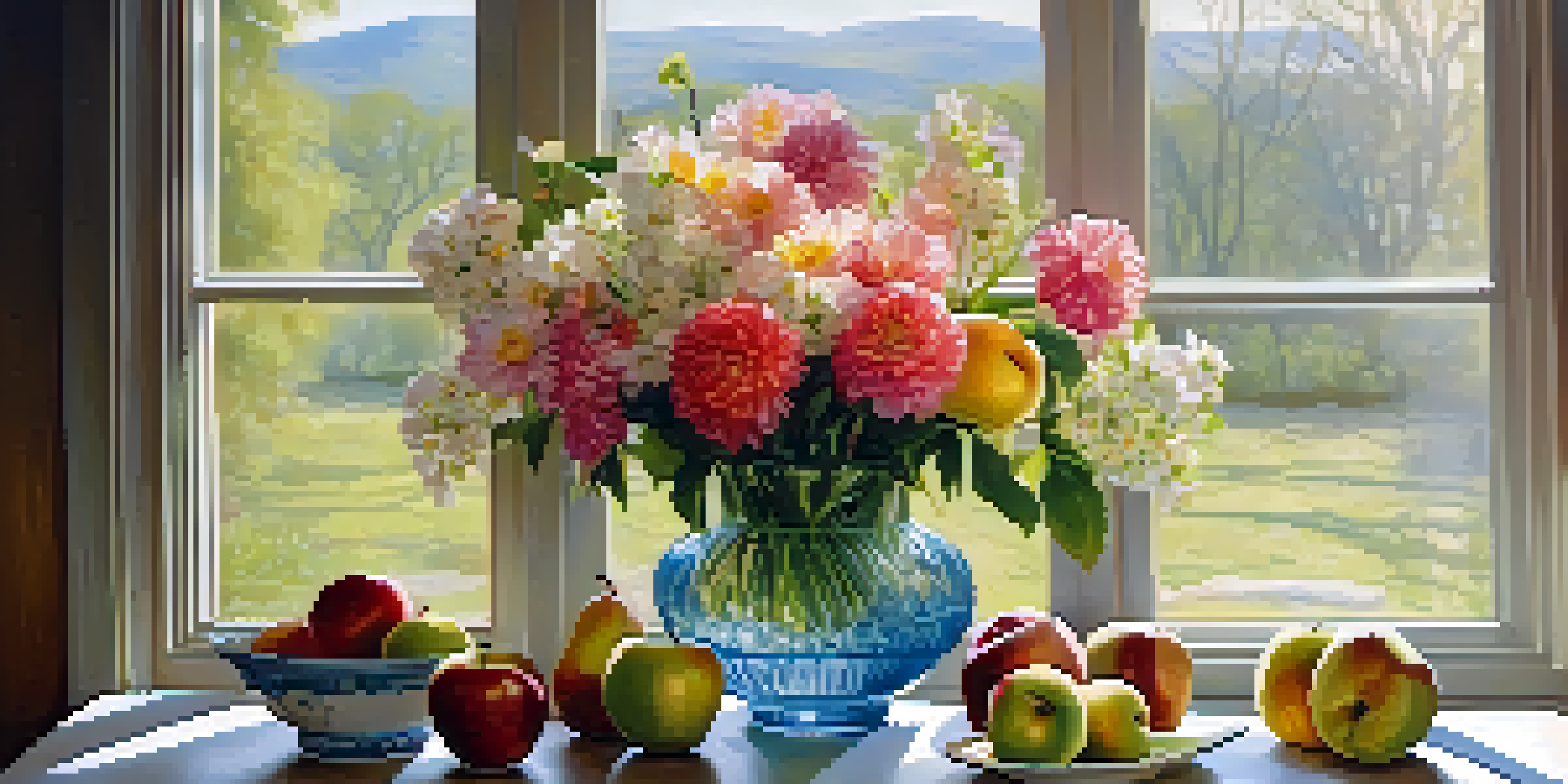 A still life scene with a vintage wooden table, a vibrant bouquet of fresh flowers in a glass vase, a bowl of ripe fruits, and a delicate teacup, illuminated by soft natural light.