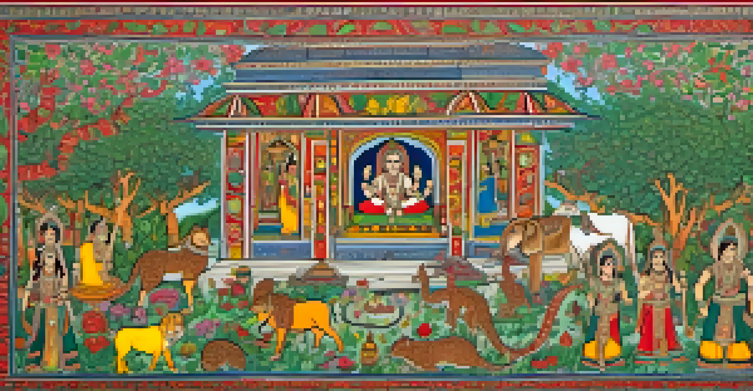 An intricate Madhubani art piece featuring vibrant colors, deities, animals, and floral motifs in a storytelling style.