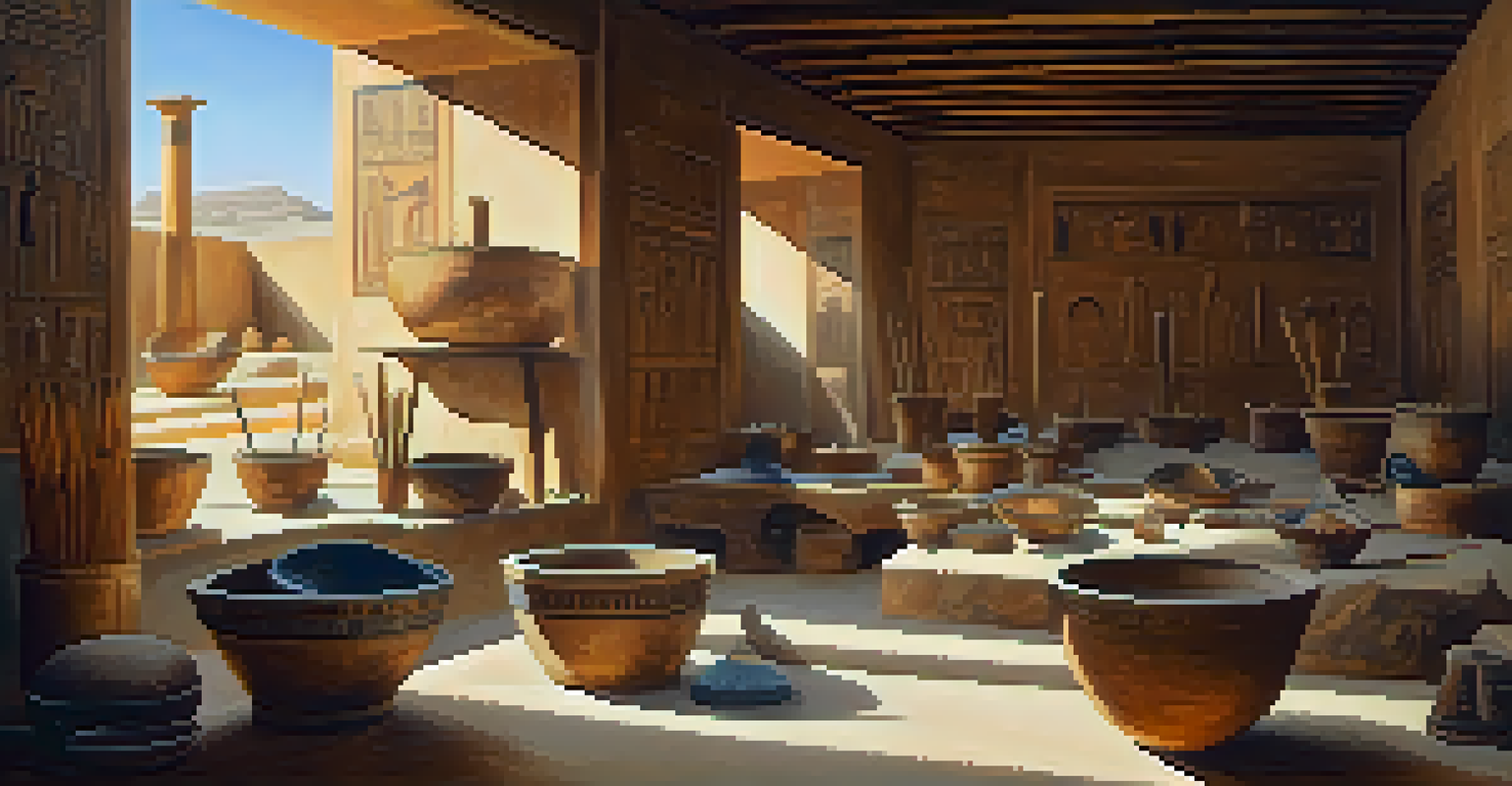 An ancient Egyptian workshop showcasing brushes, palettes, and vibrant pigments, illuminated by sunlight with murals in the background.