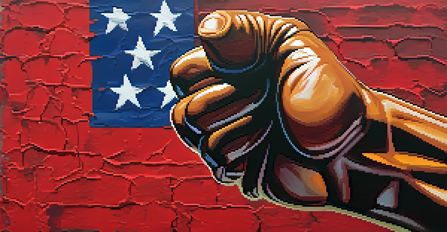 A raised fist symbolizing resistance and unity, painted with vibrant colors and textures.
