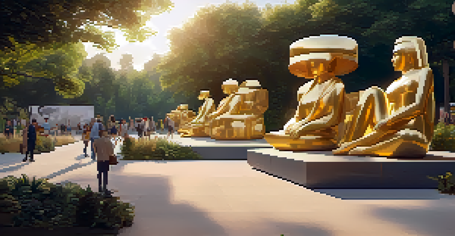 An outdoor art exhibition in a park with large natural sculptures and visitors enjoying the serene environment.