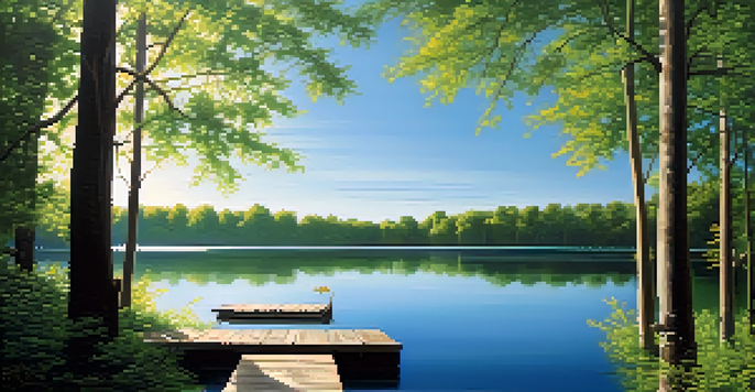 A peaceful landscape featuring a calm lake surrounded by green trees and a clear blue sky, with a wooden dock leading into the water.