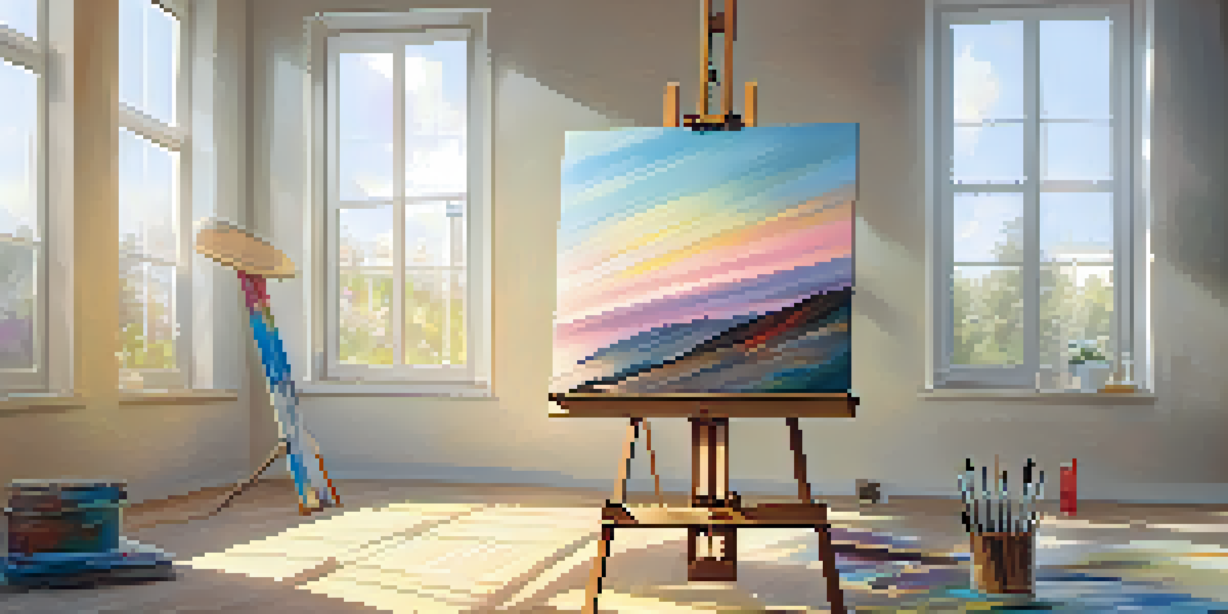 A bright and inviting art studio with an easel holding a colorful abstract painting, surrounded by paint tubes and brushes in a sunlit room.