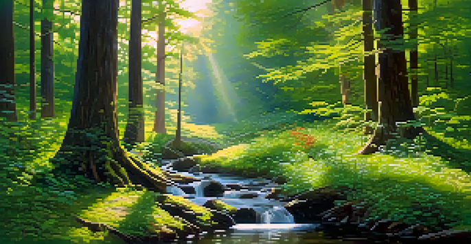 A peaceful forest landscape with sunlight filtering through the trees and a gentle brook flowing through the scene.