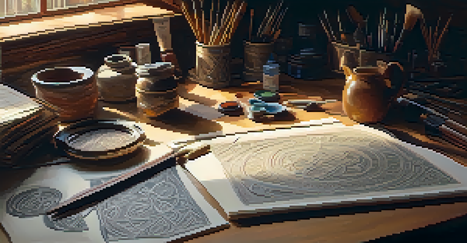An artist's workspace with tools and sketches of Celtic art patterns, illuminated by soft natural light from a window.
