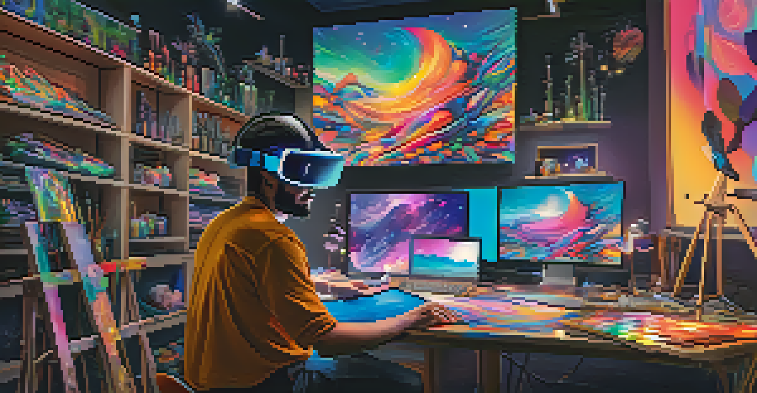 An artist in a modern studio using virtual reality to create colorful digital artwork surrounded by art supplies.