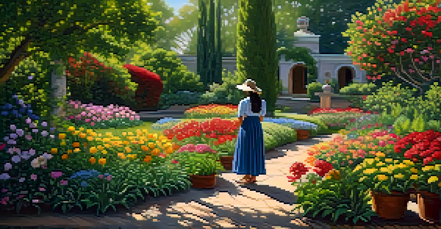 A woman painting in a blooming garden, surrounded by colorful flowers and sunlight filtering through the trees.