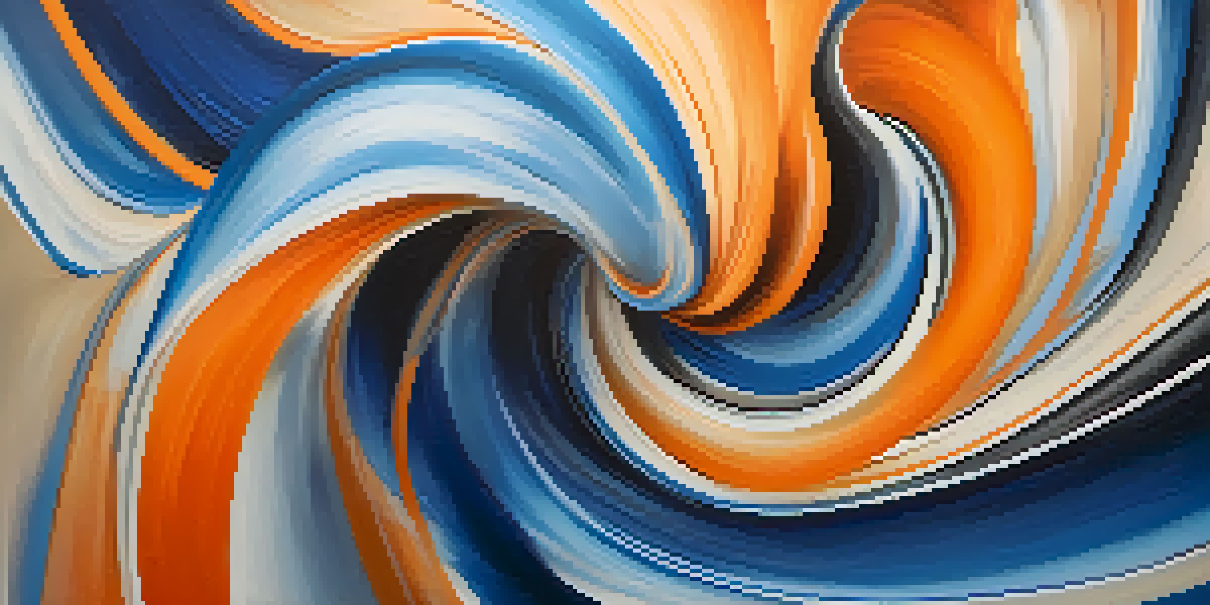 An abstract painting with swirling blue and orange shapes against a pastel gradient background, suggesting movement and energy.