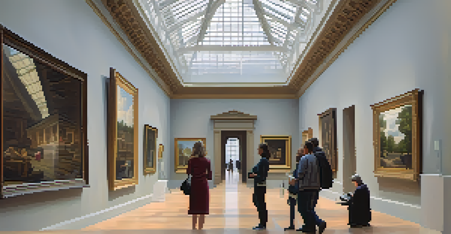 A historical art gallery featuring paintings that reflect social commentary, with natural light illuminating the artworks and visitors deep in thought.