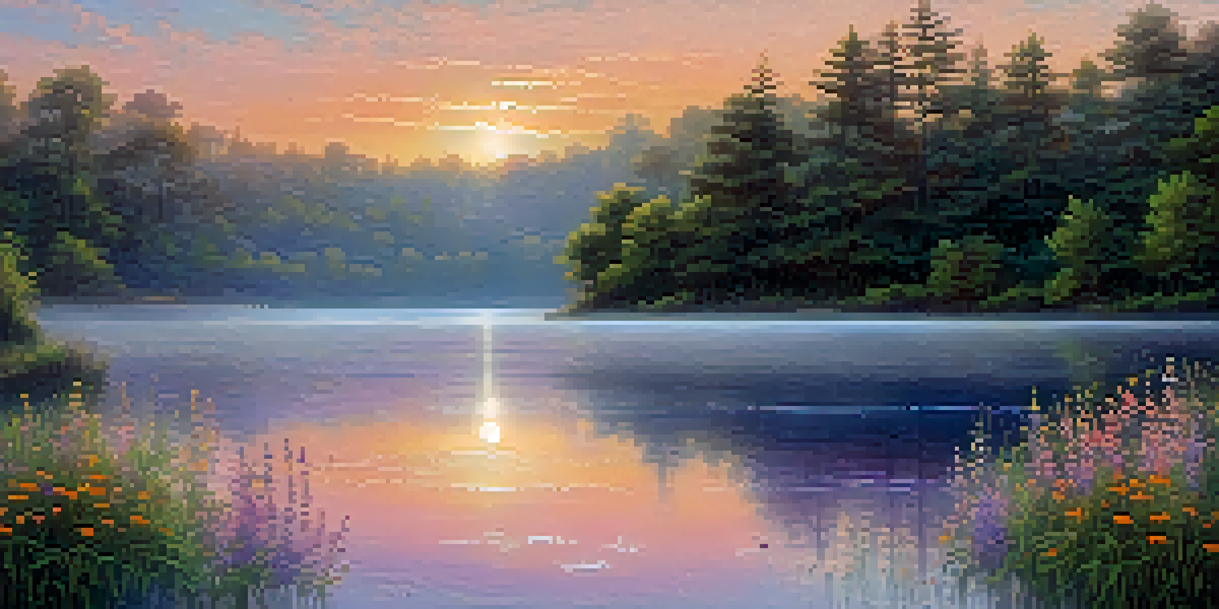 A tranquil sunrise over a lake with reflections of colors on the water, surrounded by greenery and wildflowers.