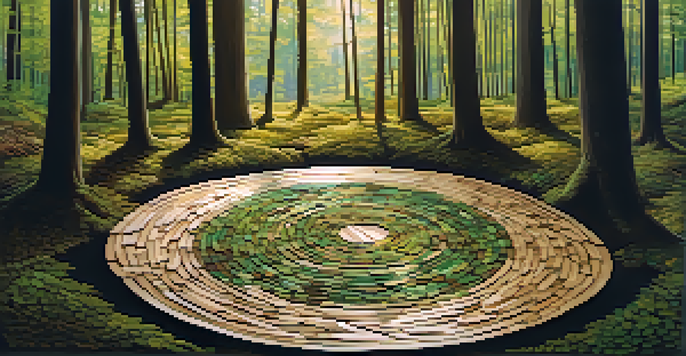 A peaceful forest with a circular arrangement of twigs and leaves on the ground, illuminated by sunlight filtering through the trees.