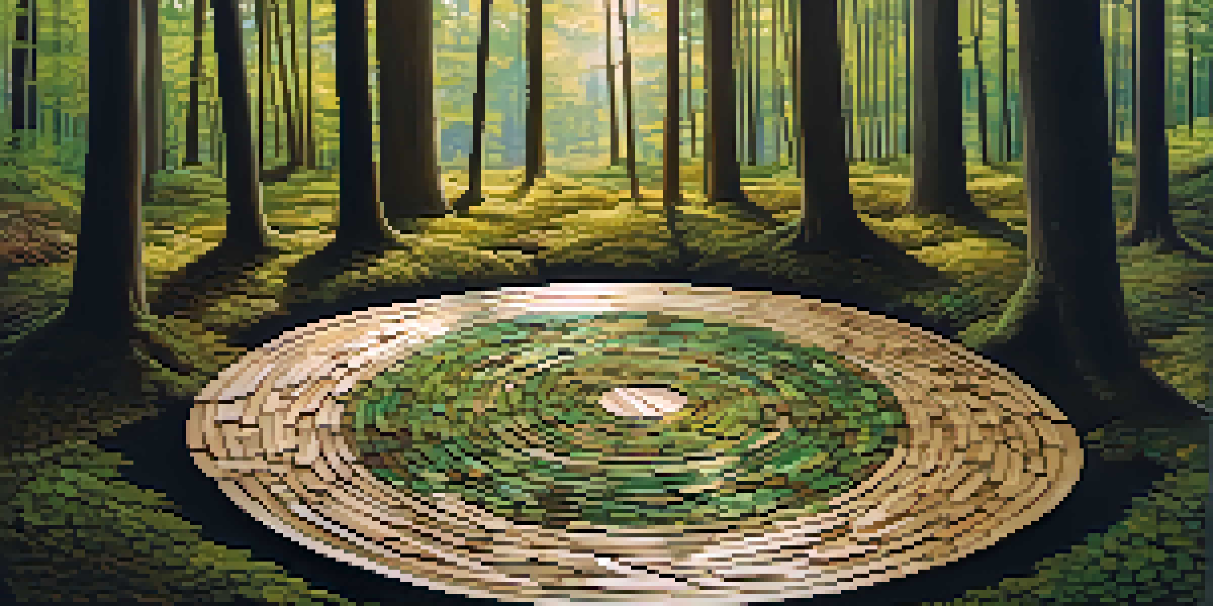 A peaceful forest with a circular arrangement of twigs and leaves on the ground, illuminated by sunlight filtering through the trees.
