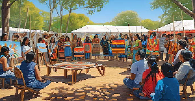 An outdoor art workshop with Indigenous artists teaching a diverse group. Colorful banners and traditional painting methods are showcased under a sunny sky.
