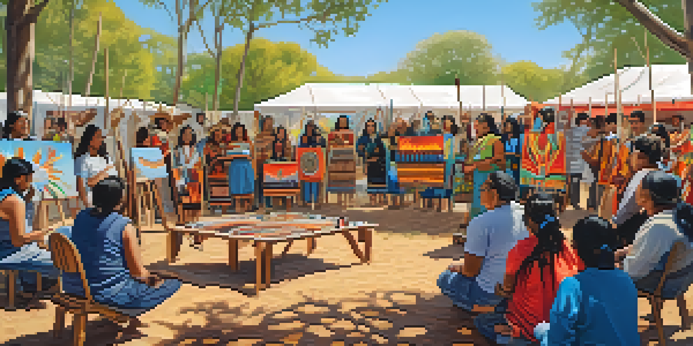 An outdoor art workshop with Indigenous artists teaching a diverse group. Colorful banners and traditional painting methods are showcased under a sunny sky.