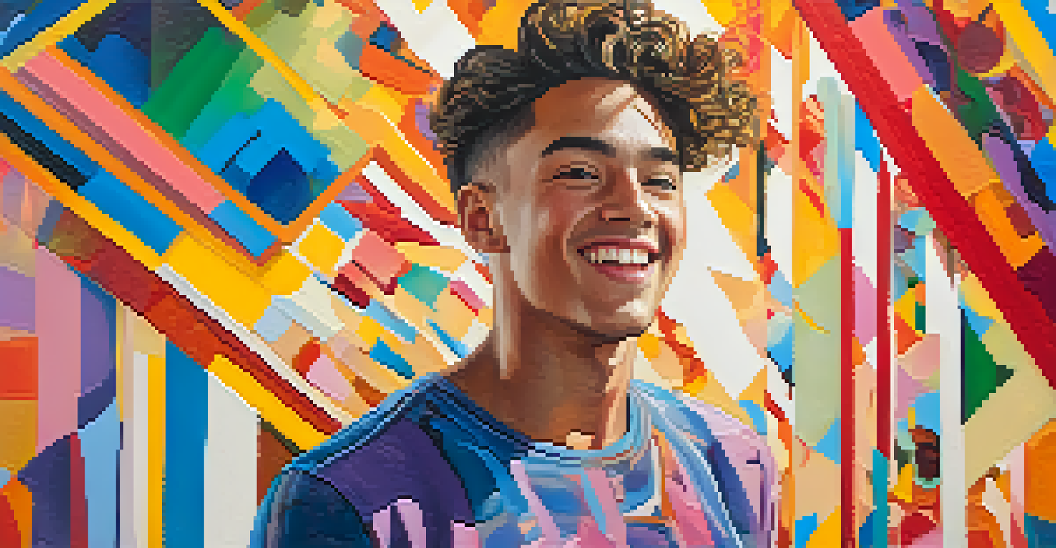 A vibrant portrait of a young man with a joyful expression, set against an abstract colorful background.