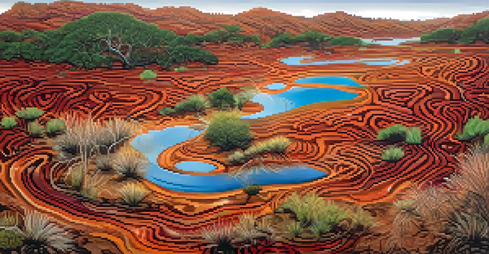 A colorful Aboriginal artwork showcasing a landscape with patterns representing waterholes and local plants, illuminated by soft natural light.