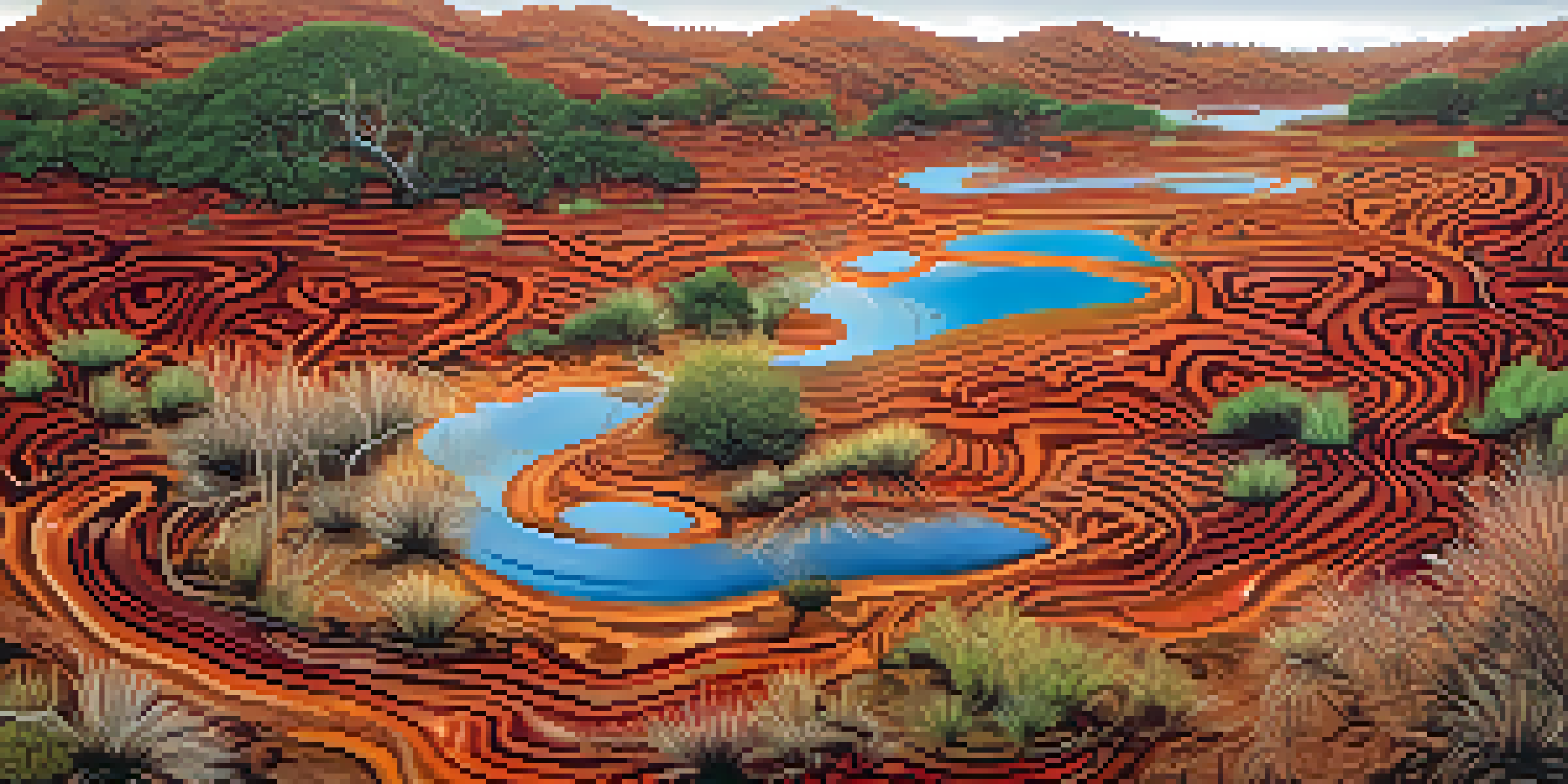 A colorful Aboriginal artwork showcasing a landscape with patterns representing waterholes and local plants, illuminated by soft natural light.