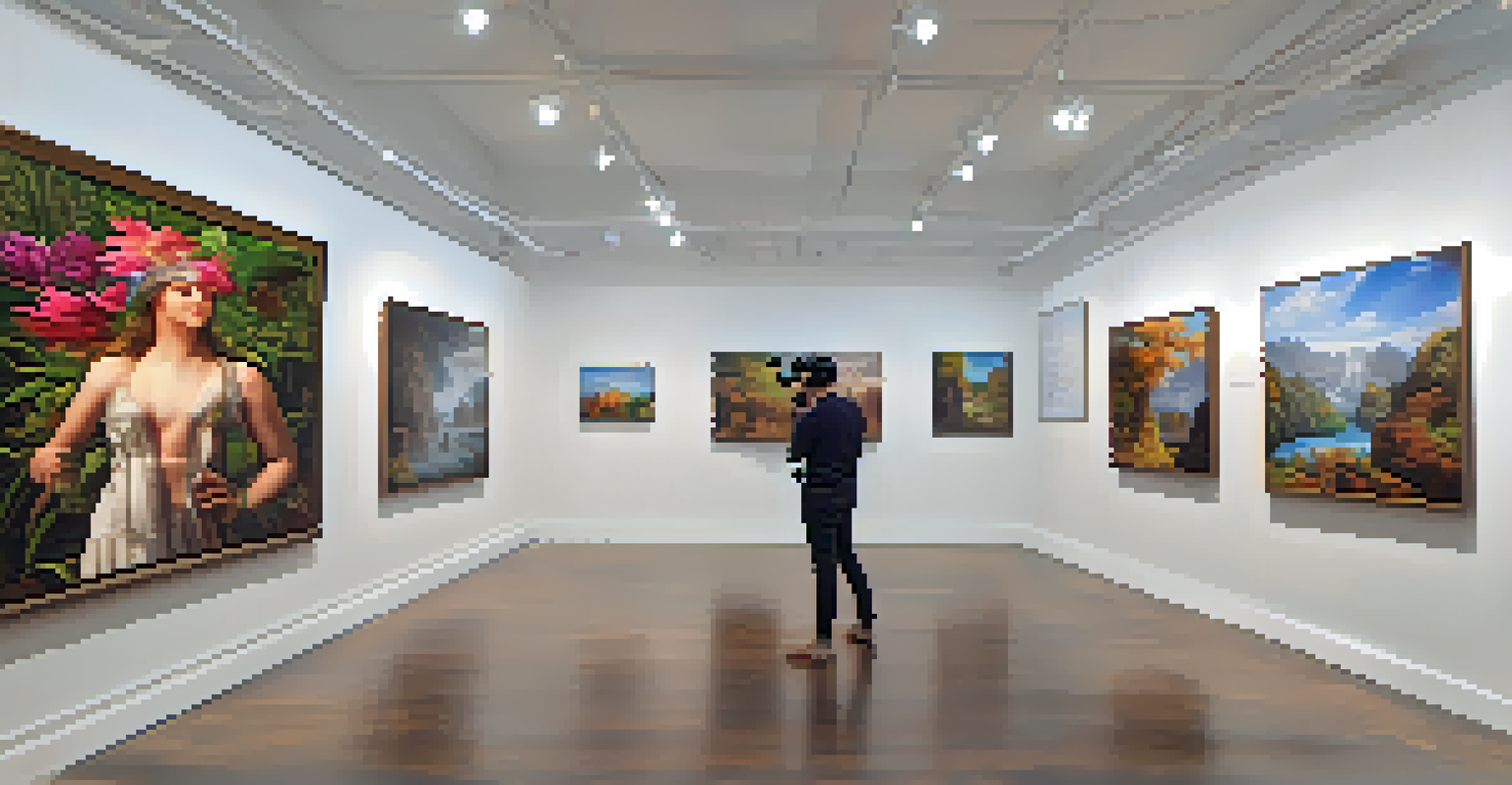 An art exhibition featuring traditional oil paintings and virtual reality installations, with viewers exploring the art using VR headsets.