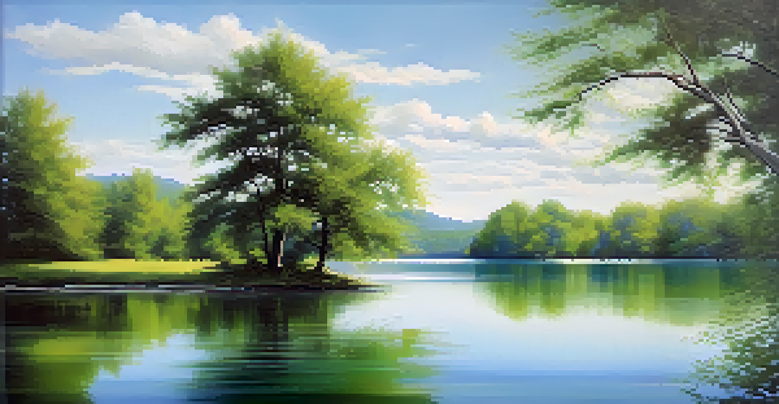 A tranquil landscape with soft brush strokes, illustrating a calm lake and surrounding trees in cool colors.