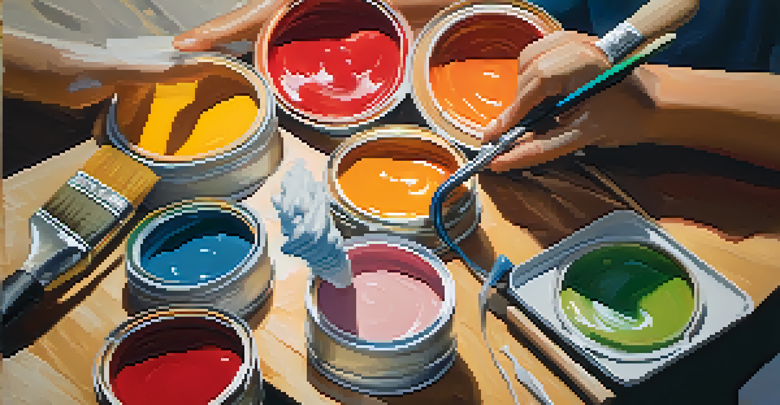 A close-up of hands mixing vibrant eco-friendly paint in a recycled container, surrounded by painting tools.