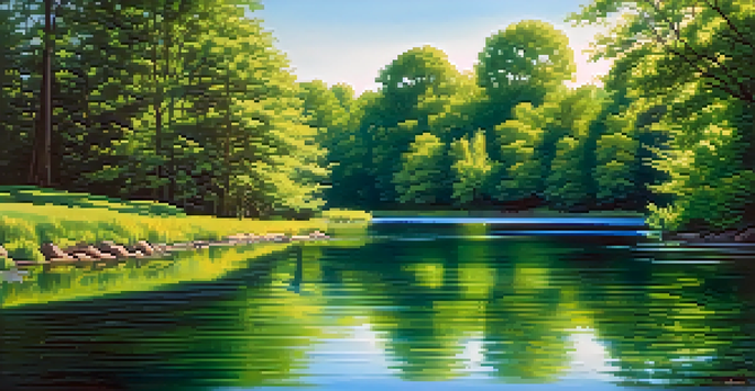 A peaceful lake scene with green trees and a blue sky, reflecting calmness and tranquility.