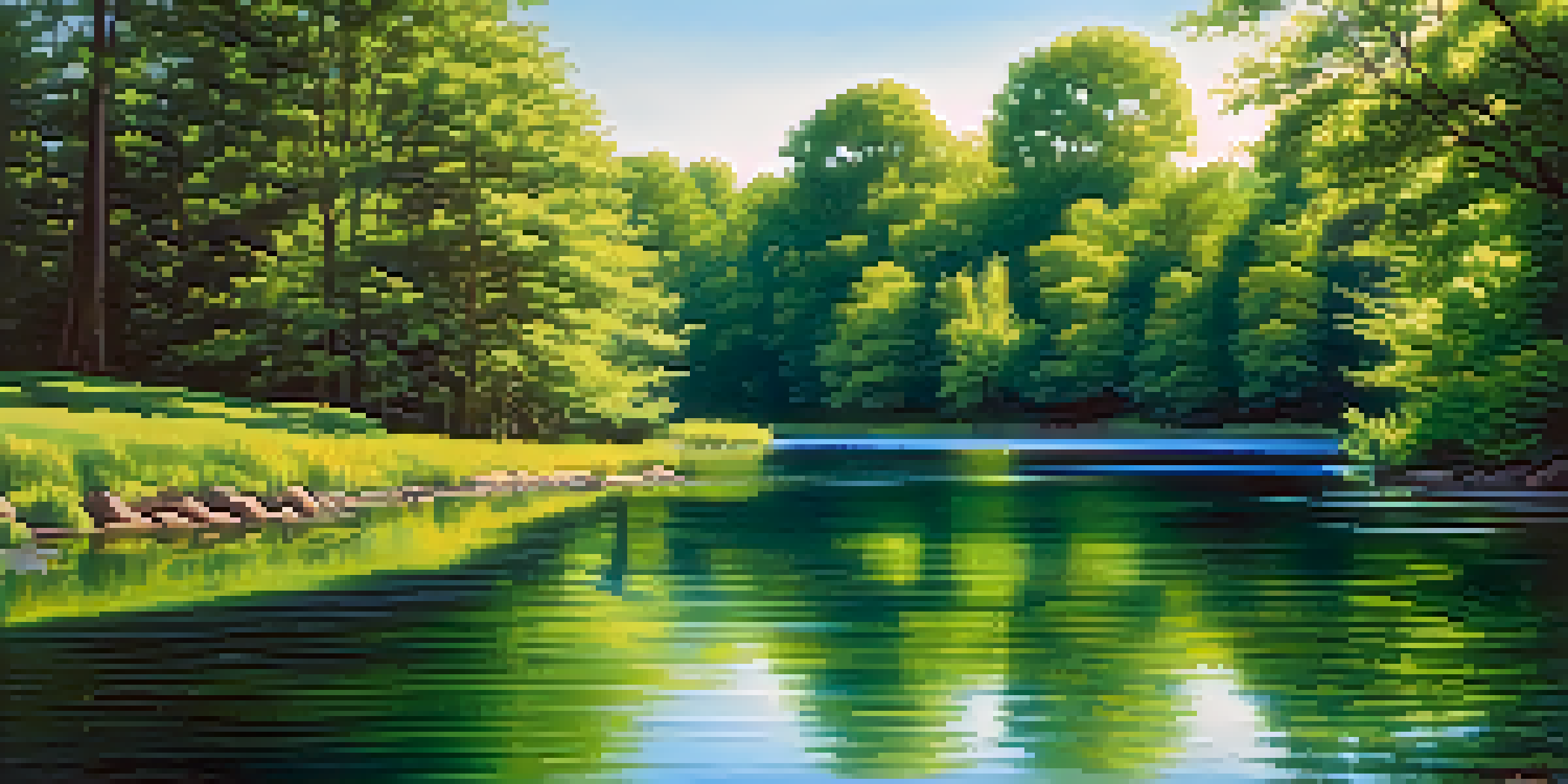 A peaceful lake scene with green trees and a blue sky, reflecting calmness and tranquility.