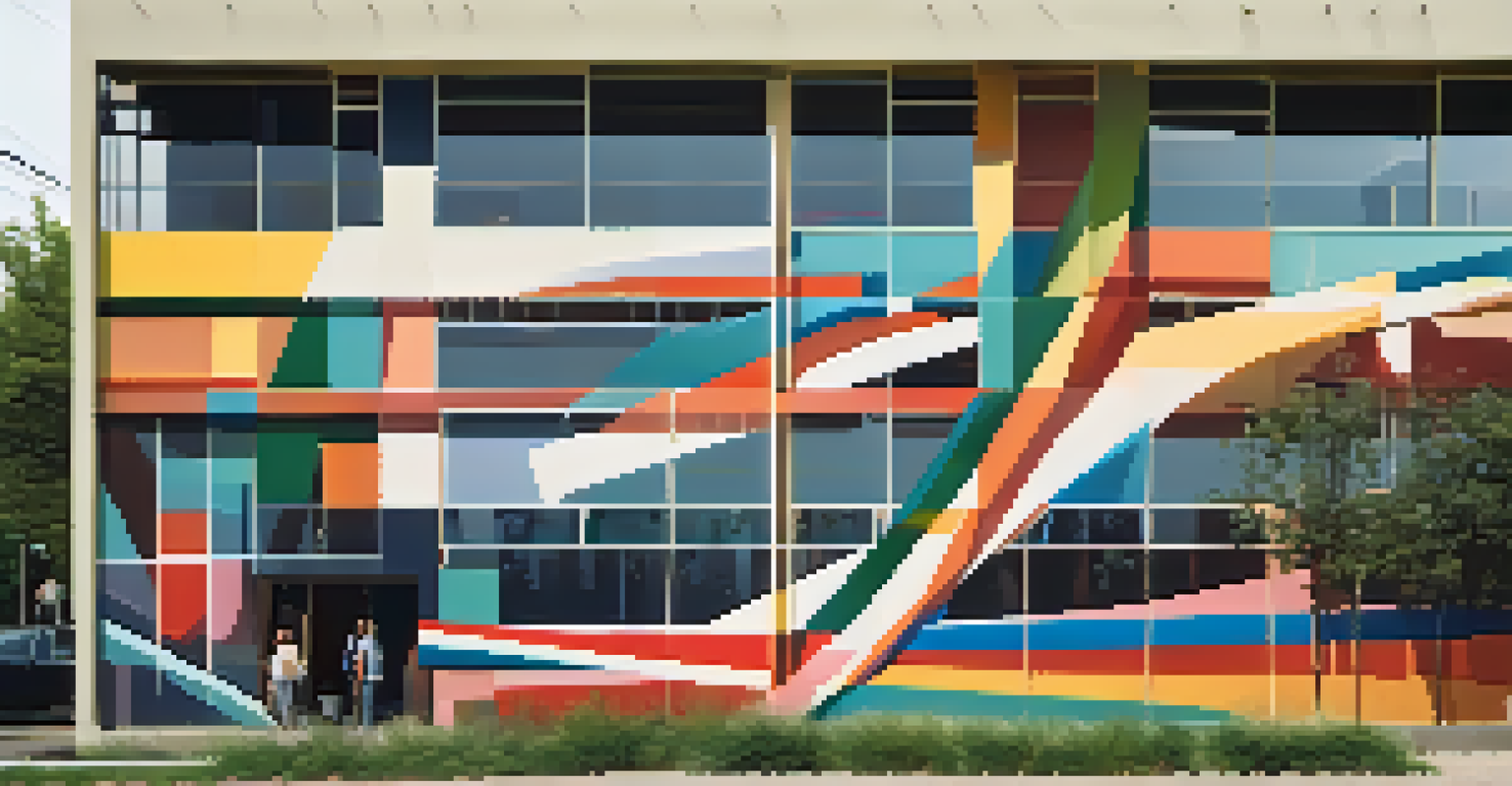 A close-up of a colorful Constructivist mural on a building, surrounded by people and greenery.