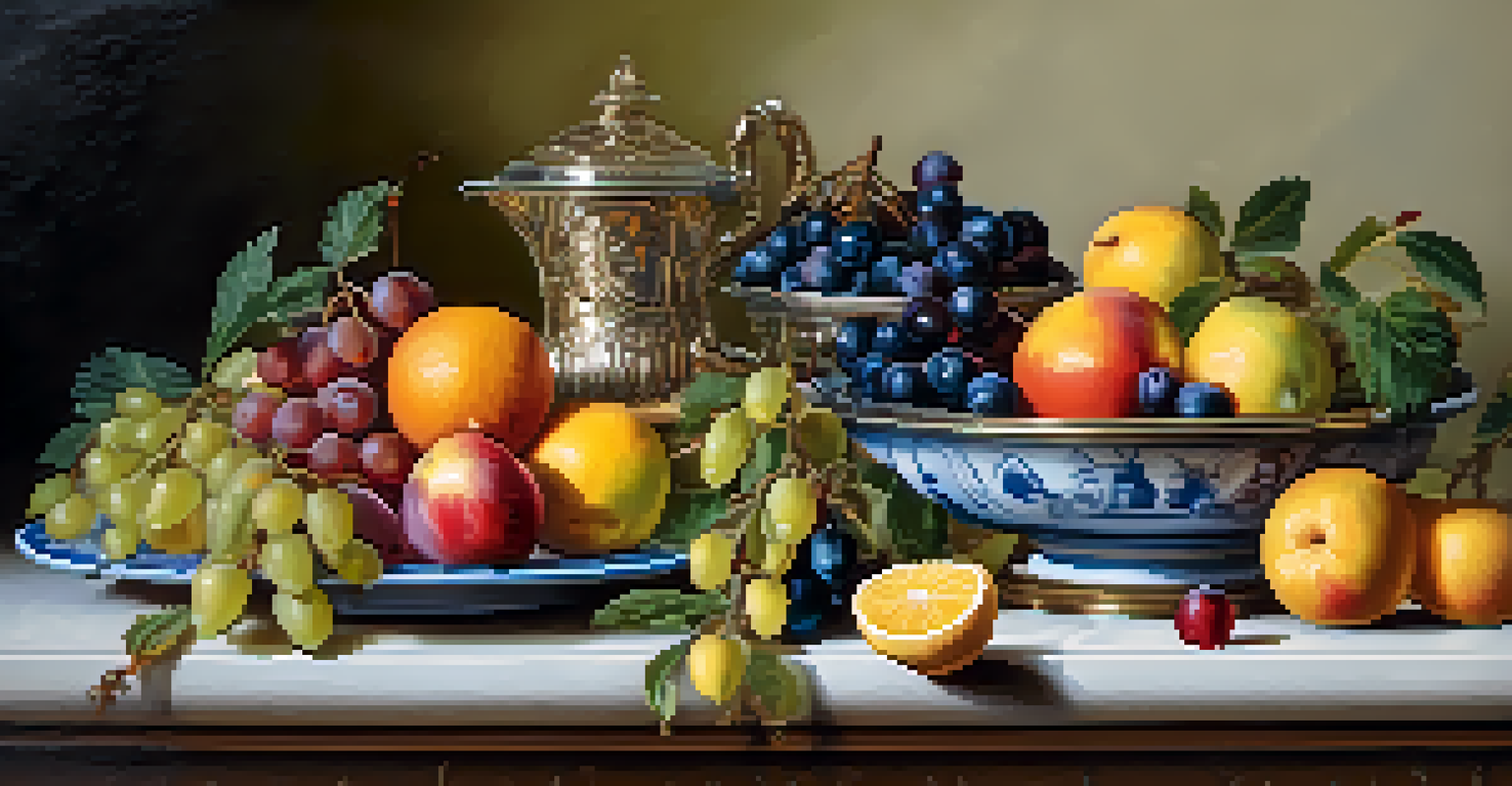 A detailed oil painting of a still life with fruits and flowers, displaying vibrant colors and intricate textures.