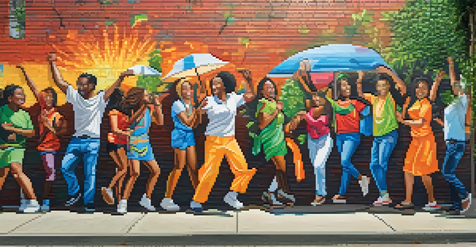 A colorful mural on a brick wall showing a group of diverse people celebrating together, surrounded by plants and illuminated by sunlight.