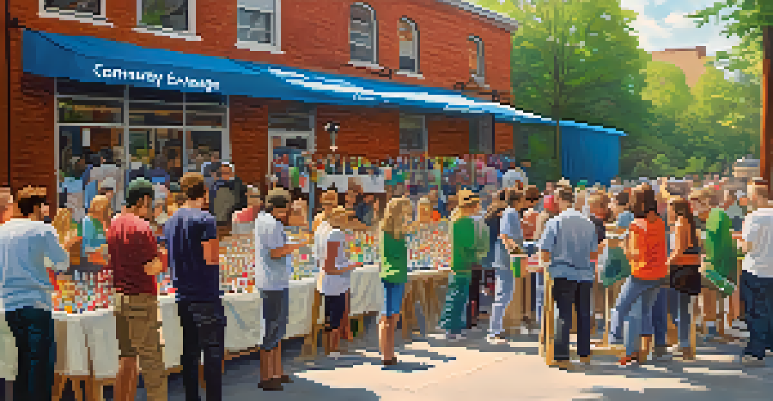 A lively community event where people exchange leftover eco-friendly paint cans, promoting sustainable practices.