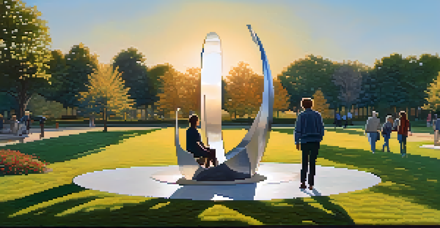 A modern stainless steel sculpture in a tranquil public park surrounded by greenery and flowers.