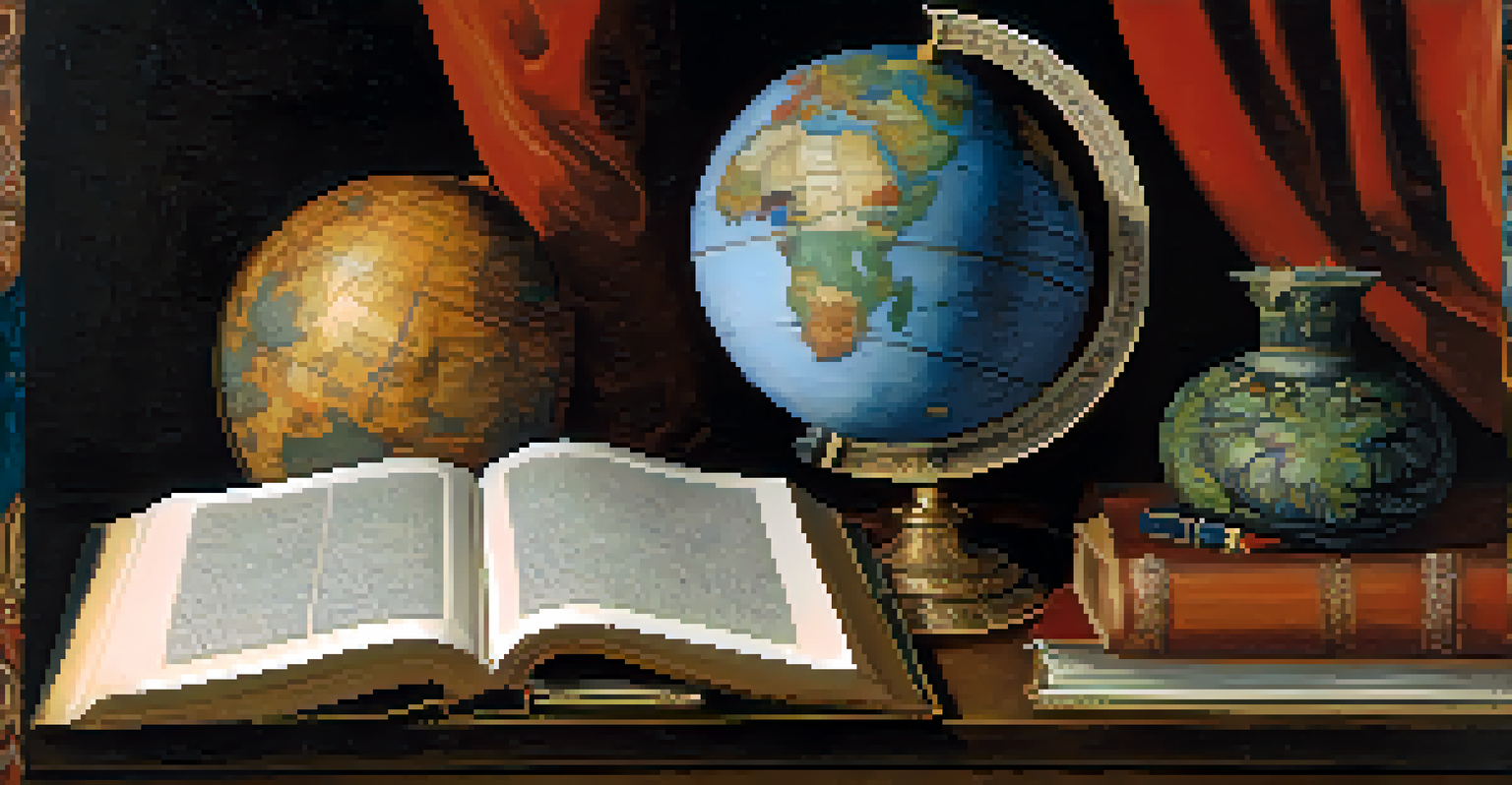 Close-up of a Renaissance painting with symbolic objects like a globe and a book, showcasing rich colors and detailed textures.