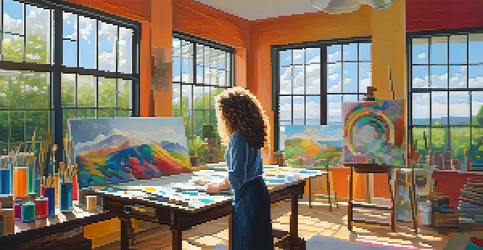 An artist painting in a bright studio filled with colorful artworks and natural light.
